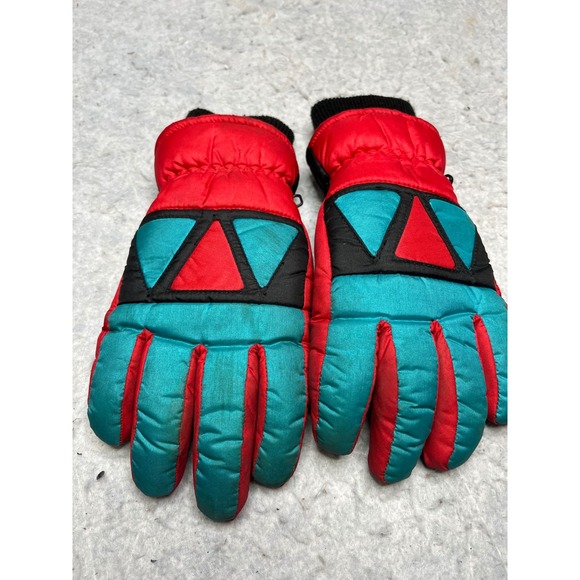 Vintage Colorblock Ski Gloves Red Teal Geometric 80s 90s Winter Snow  Adult S - Picture 5 of 5